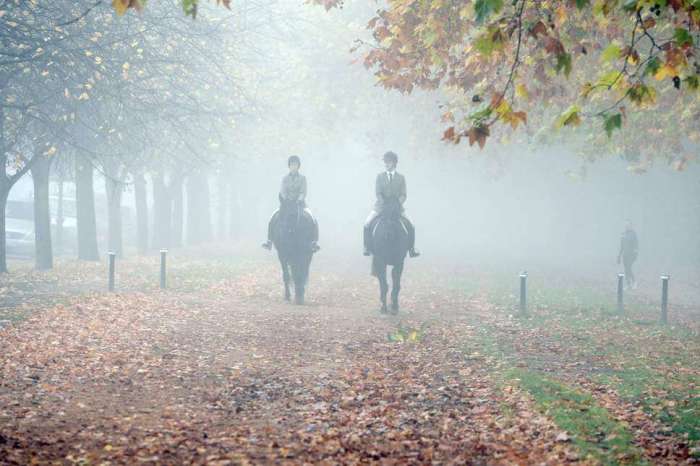 Horse riders in the fog, Hyde Park, London